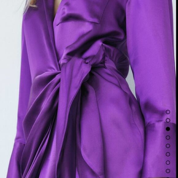 Zara Purple Satin Effect Wrap Dress Long Sleeve Collar Slip Dress Small - Picture 9 of 11